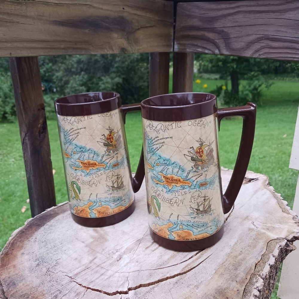 Vintage‎ 70s THERMO-SERV Atlas/ Map/sea (Mexico) Insulated Cups & Mugs, Set Of 2